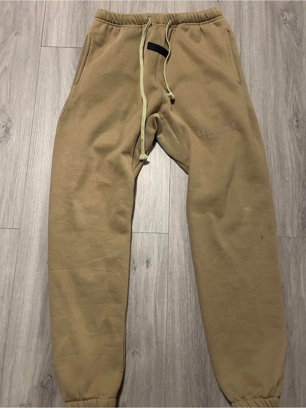 ESSENTIALS Tan Hoodie with Black Rubber Logo Patch